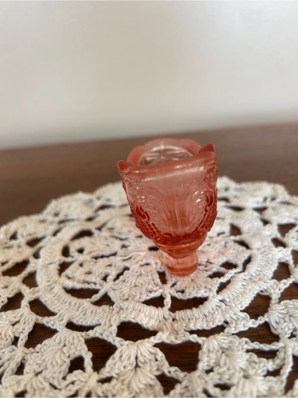 Vintage Mosser Glass 1990’s Scroll Slipper #109 Rose Transparent Pink Bow Detail